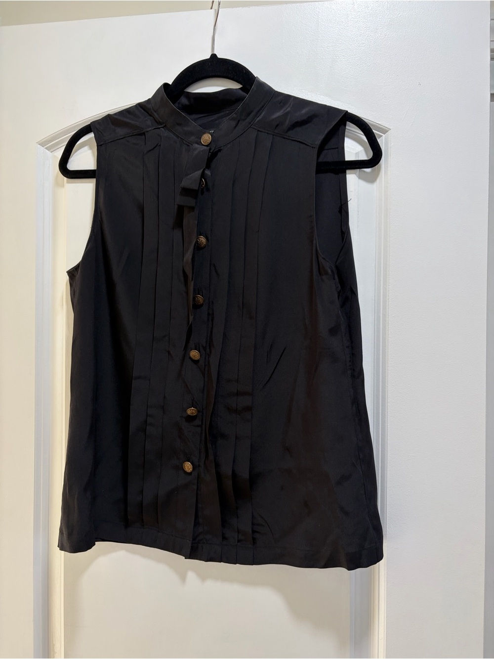 Rag & Bone 100% Silk Sleeveless Pleated Mandarin Collar Blouse Black